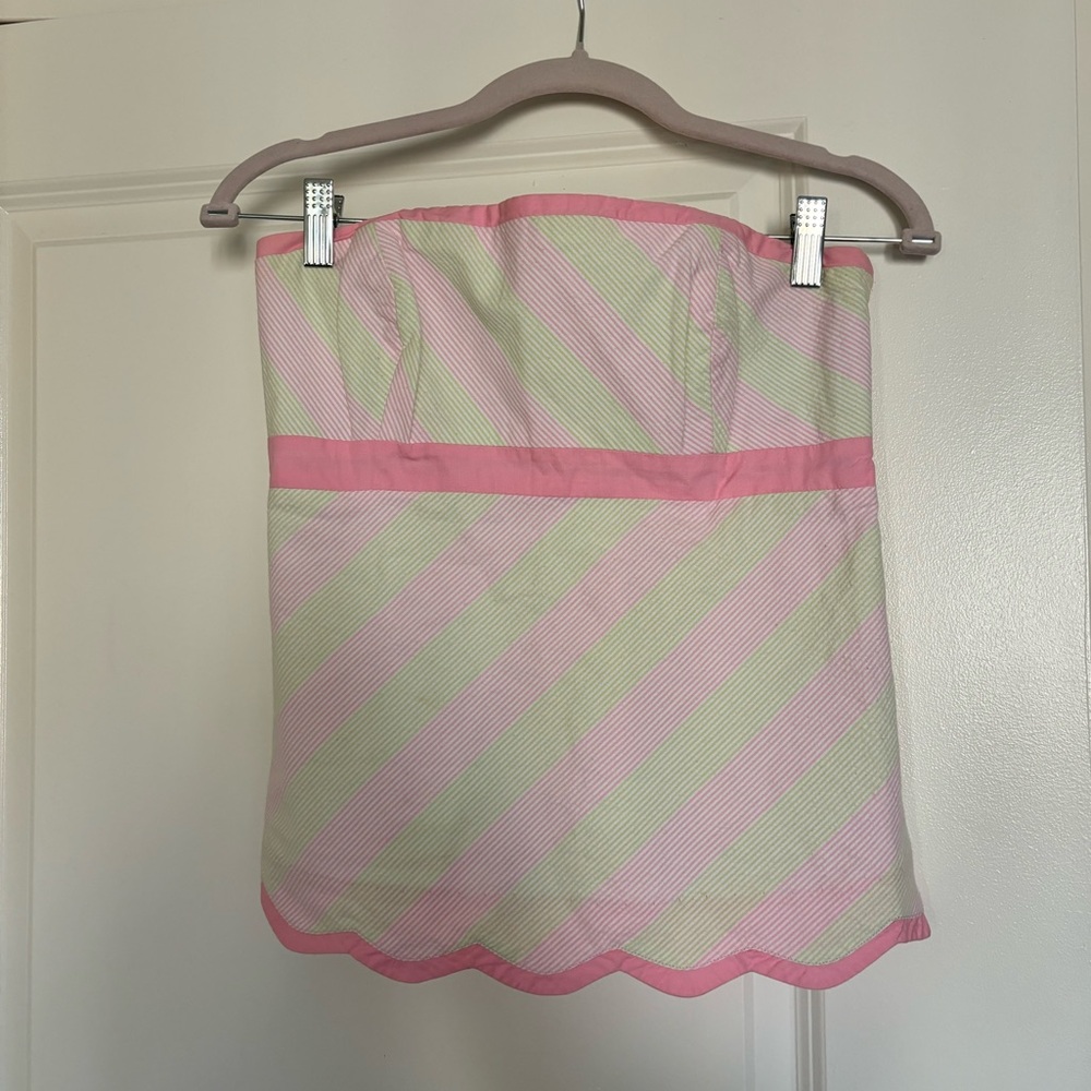 Vintage Lilly Pulitzer Pink and Green Seersucker Strapless Scalloped Top